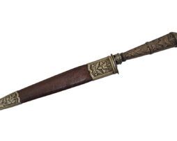 Cuchillo antiguo Herder Solingen con hoja de 22 cm y cabo en plata con vaina decorada